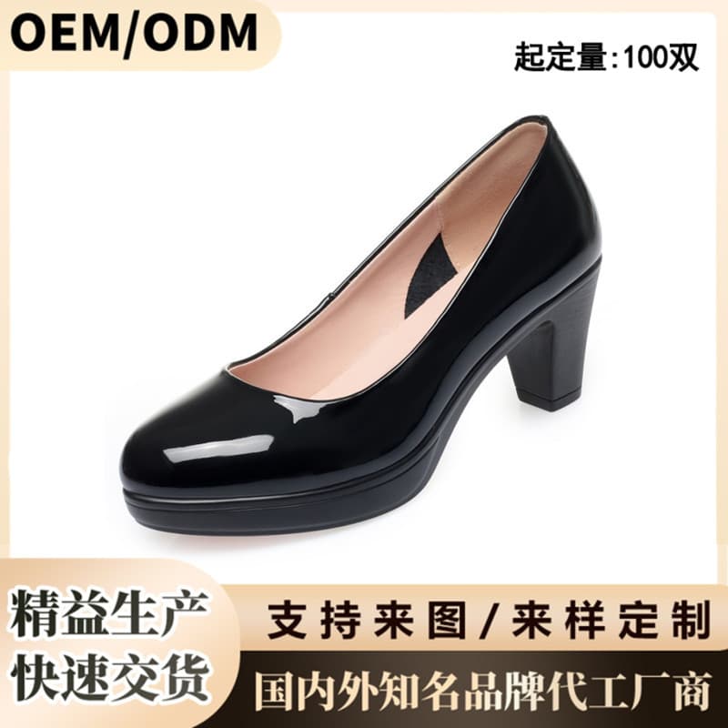 Women's black leather work shoes, high heels, chunky heels, suitable for work, interviews, flight attendants, patent leather, versatile, spring and autumn.