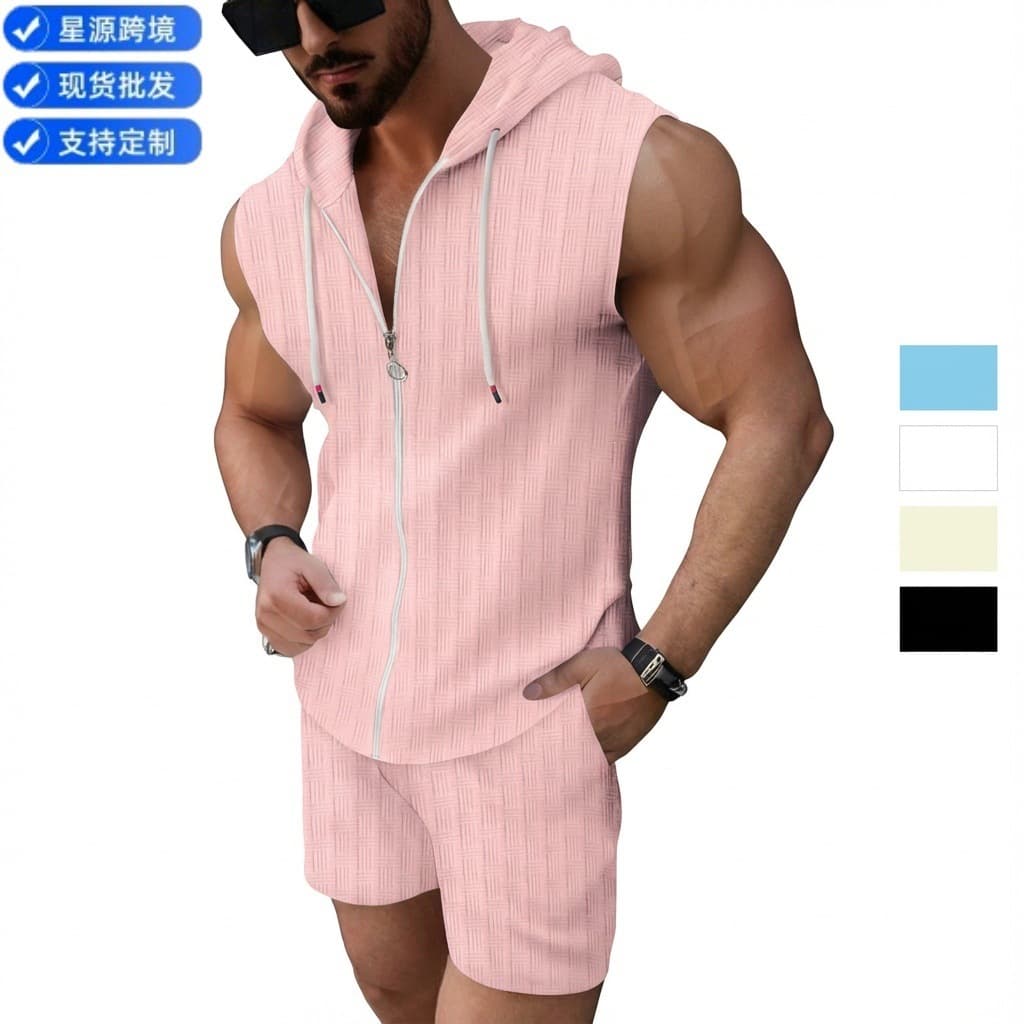Cross-Border Summer New Fashion Men's Hooded Zip-Up T-Shirt Plaid Sleeveless Vest Shorts Two-Piece Set