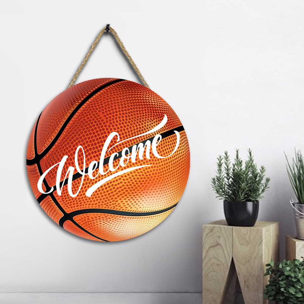 Round Wall Hanging Welcome Sign Basketball Wooden Decoration Basketball Team Gift Wall Art Wooden Plaque