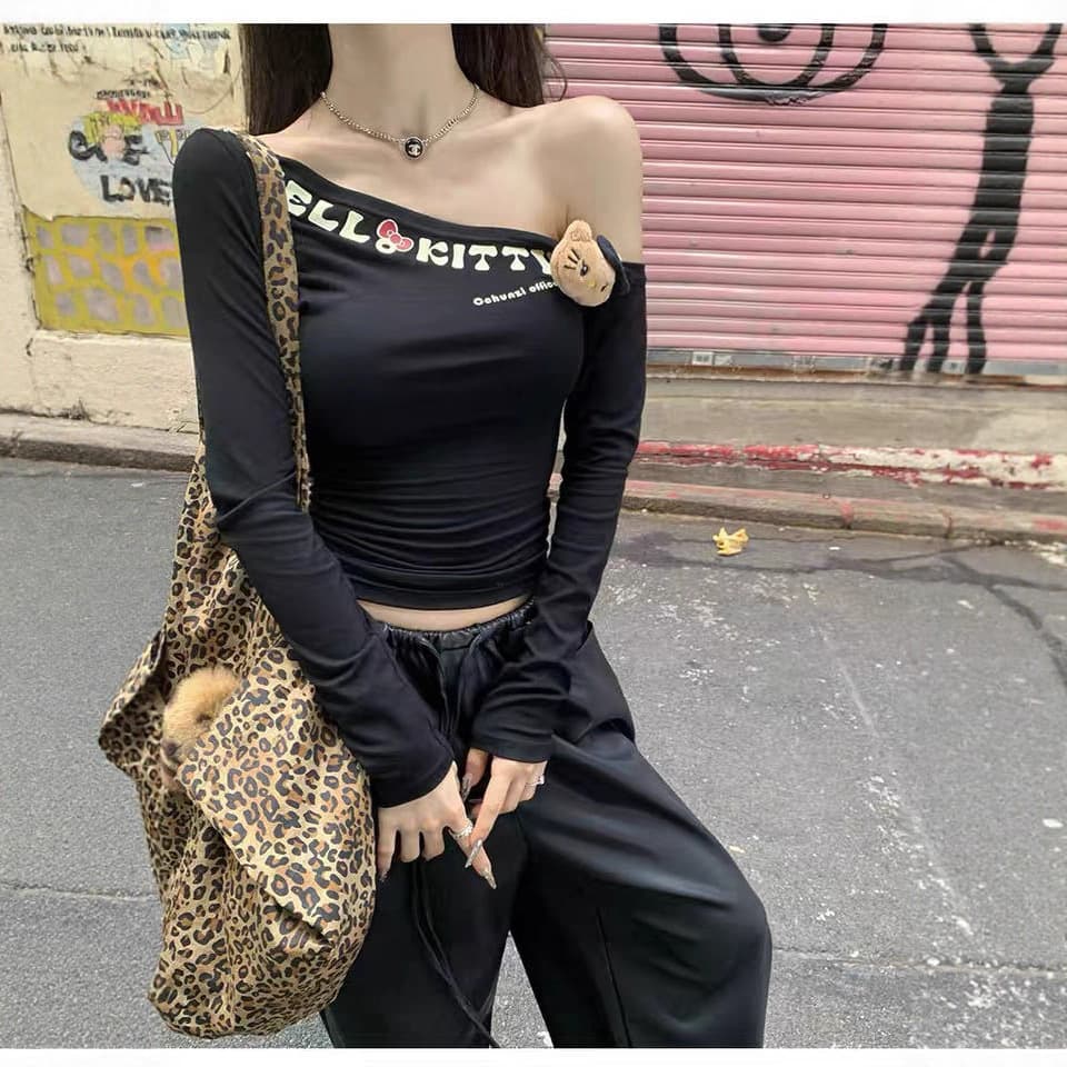 American Trendy Design Letter Print Off-Shoulder T-Shirt Slim Fit Long Sleeve Sexy Top