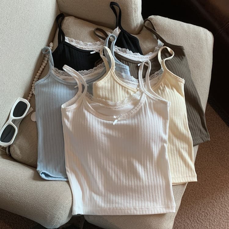 New Style Faux Layered Lace Trim Camisole Top with Bow Design, Fitted, Wearable as Outer or Inner Layer with Built-in Cups