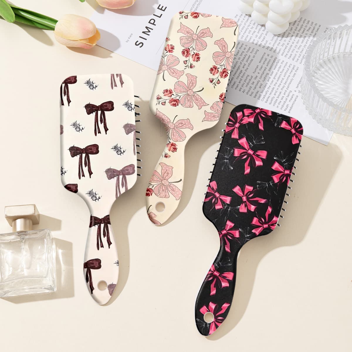 Cross-Border Hot Sale Colorful Pink Black Bow Print Cushion Hairbrush High Crown Volumizing Detangling Air Cushion Comb