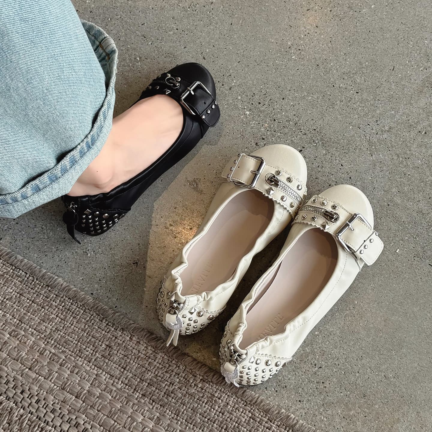 Designer Style! Heavy-Duty Rivet Punk Metal Buckle Ballet Flats, New Large Size, Full Leather, Flat, Low-Cut Shoes