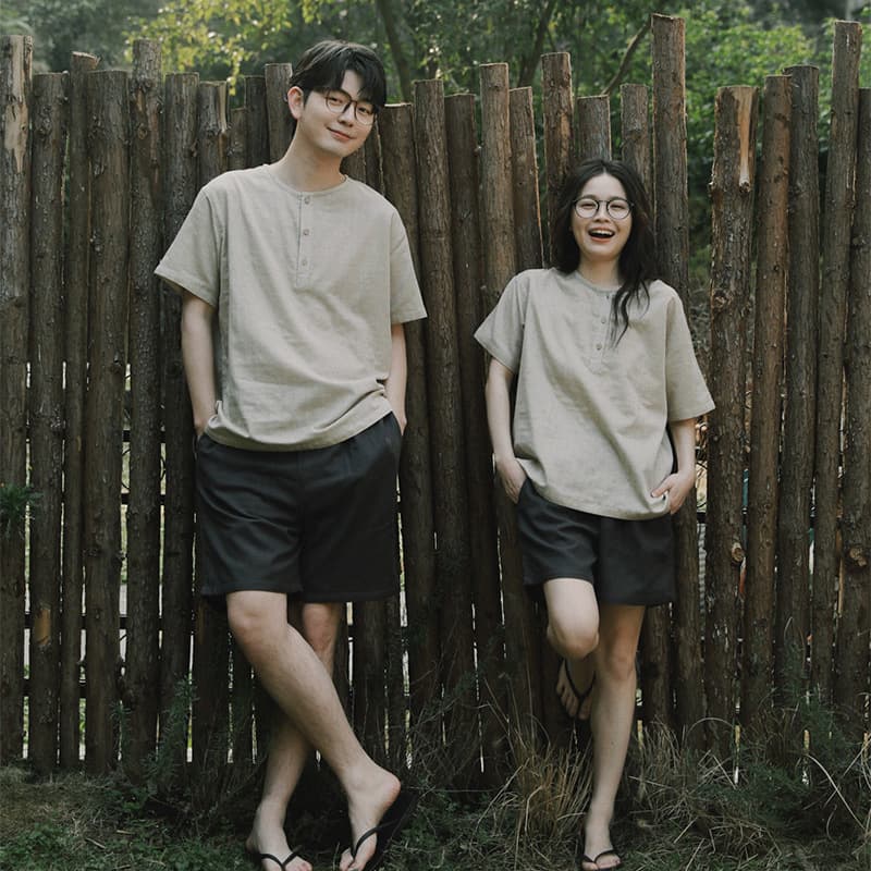 Fanshi 67 - Unisex Couples Pajamas Summer Cotton Gauze Linen Feel Plus Size Homewear for Men and Women