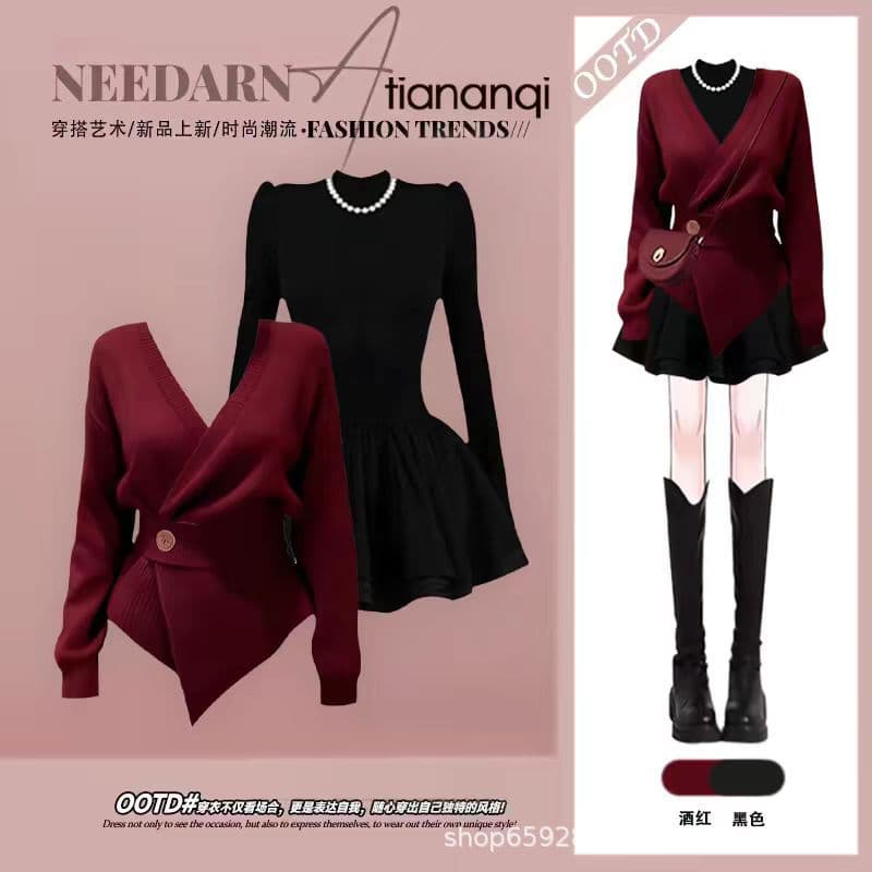 Large size autumn and winter French suit for women with light mature style Christmas red waist knitted sweater slim dress two-piece set