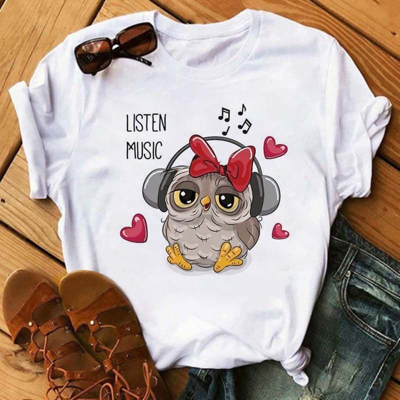 Amazon Women's Owl Pattern Letter Print Plus Size Retro Round Neck Casual Cute T-Shirt