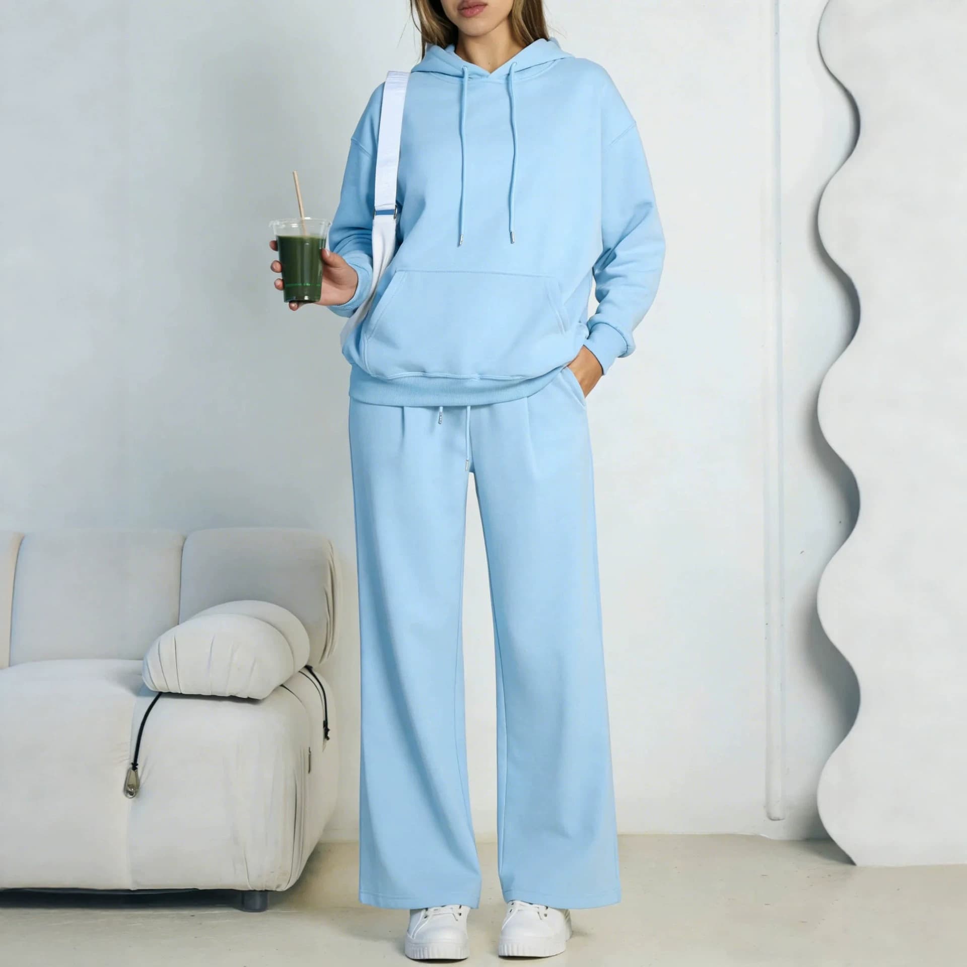 Women's 2-Piece Casual Hoodie Sweatshirt Tracksuit Set Loose Fall Fashion Wide-Leg Sweatpants Set