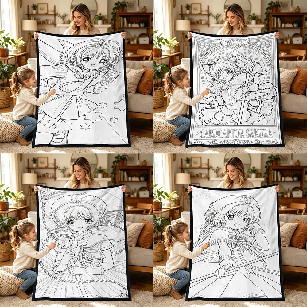 Cardcaptor Sakura Cartoon Doodle Fleece Blanket for Kids Girls Black and White Line Art Hand-Drawn Blanket Comfortable Warm Nap Blanket