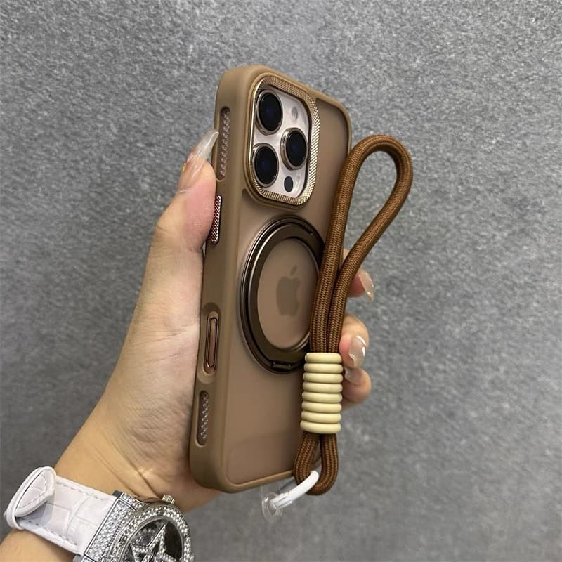 360 Rotating Stand Magnetic Case for Apple 17 Pro Max iPhone 18 with Lanyard Wrist Strap Matte