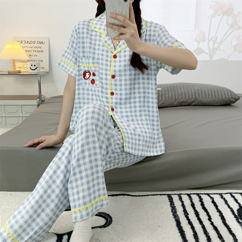 Short-Sleeve Long-Pants Pajama Set for Women Spring/Autumn New Cardigan Cloud Cotton Loungewear Set 120g