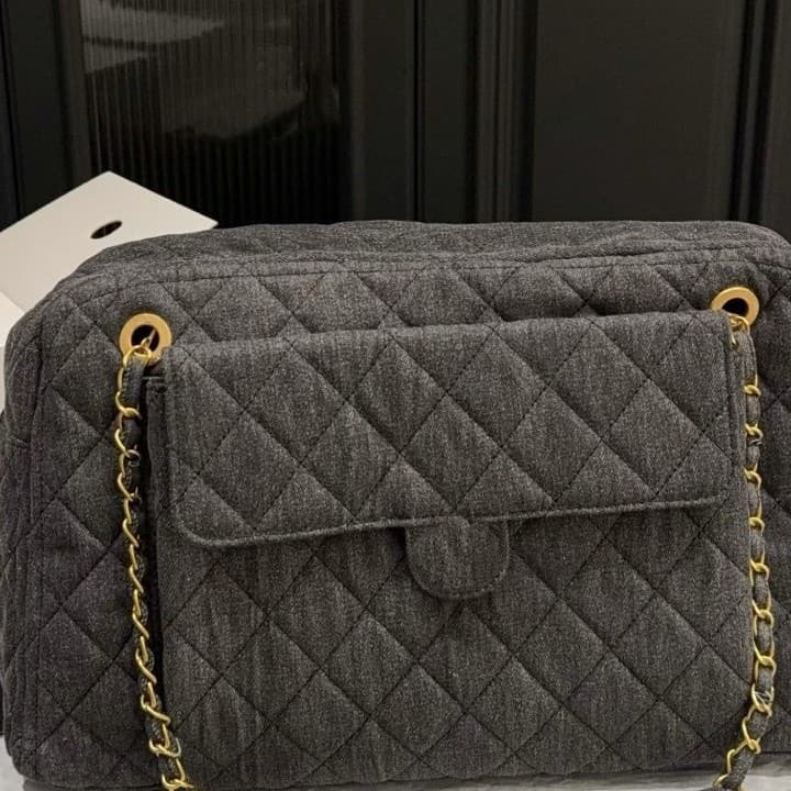 Washed Denim Airport Bag Vintage Single-Shoulder Chain Underarm Bag Diamond Quilted Commuter Leisure Vacation Travel Bowling Bag