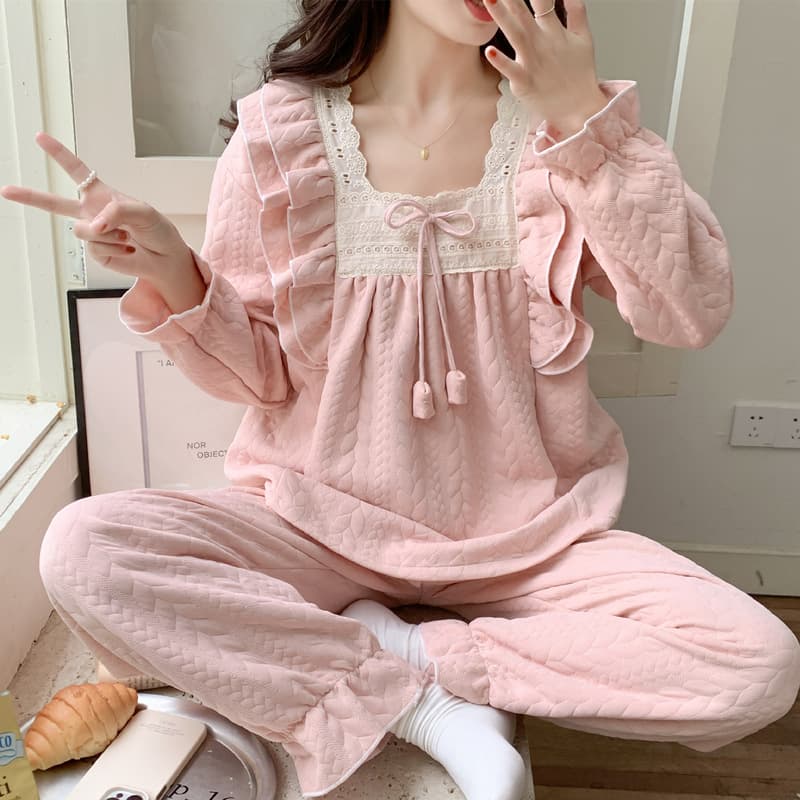 Air Cotton Pajamas Women's Winter Thickened Cotton Ins Casual Cute Sandwich Princess Home Clothes Two-piece Suit