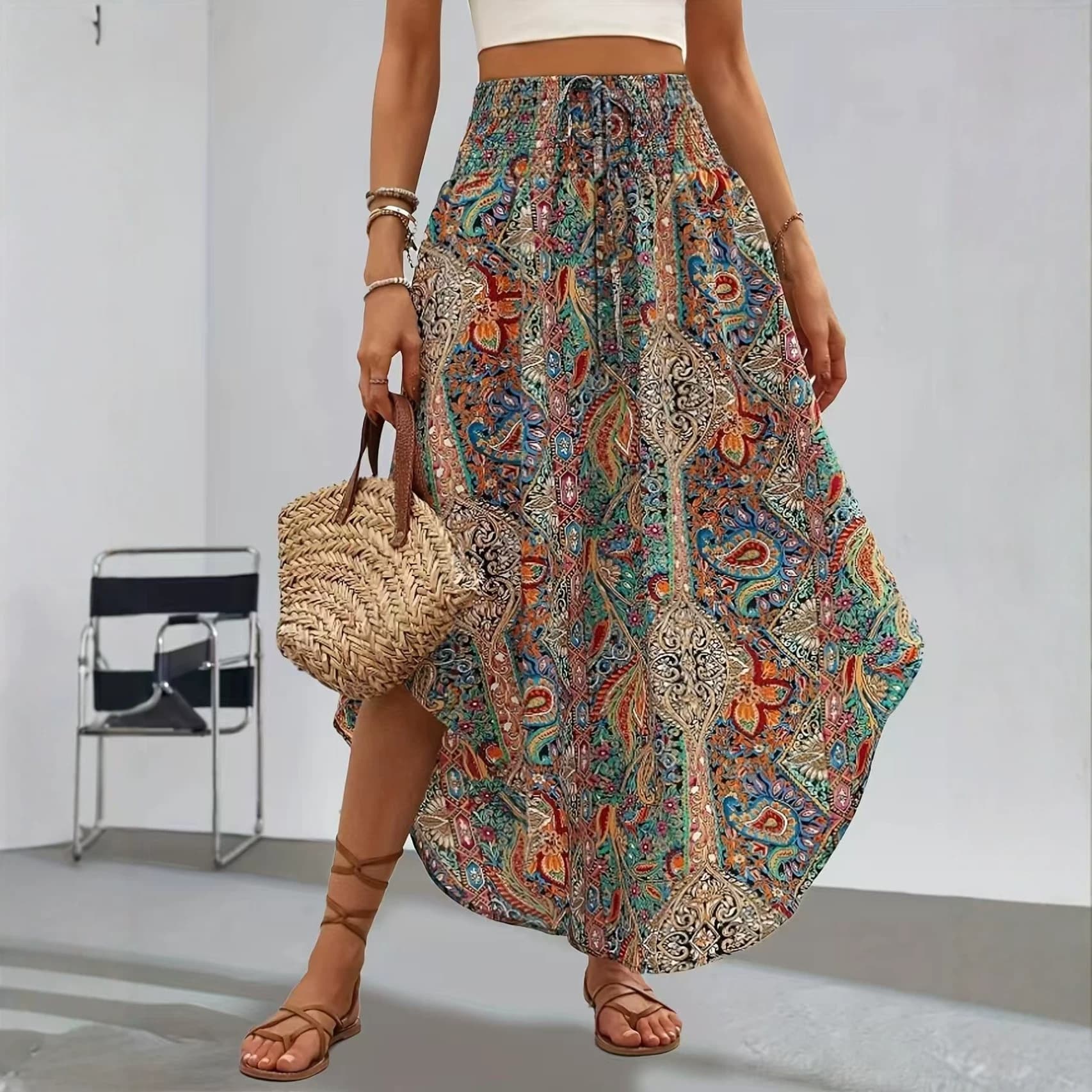 In Stock Amazon EU/US Cross-Border Spring/Summer New Boho Ethnic Style Printed A-Line Casual Skirt