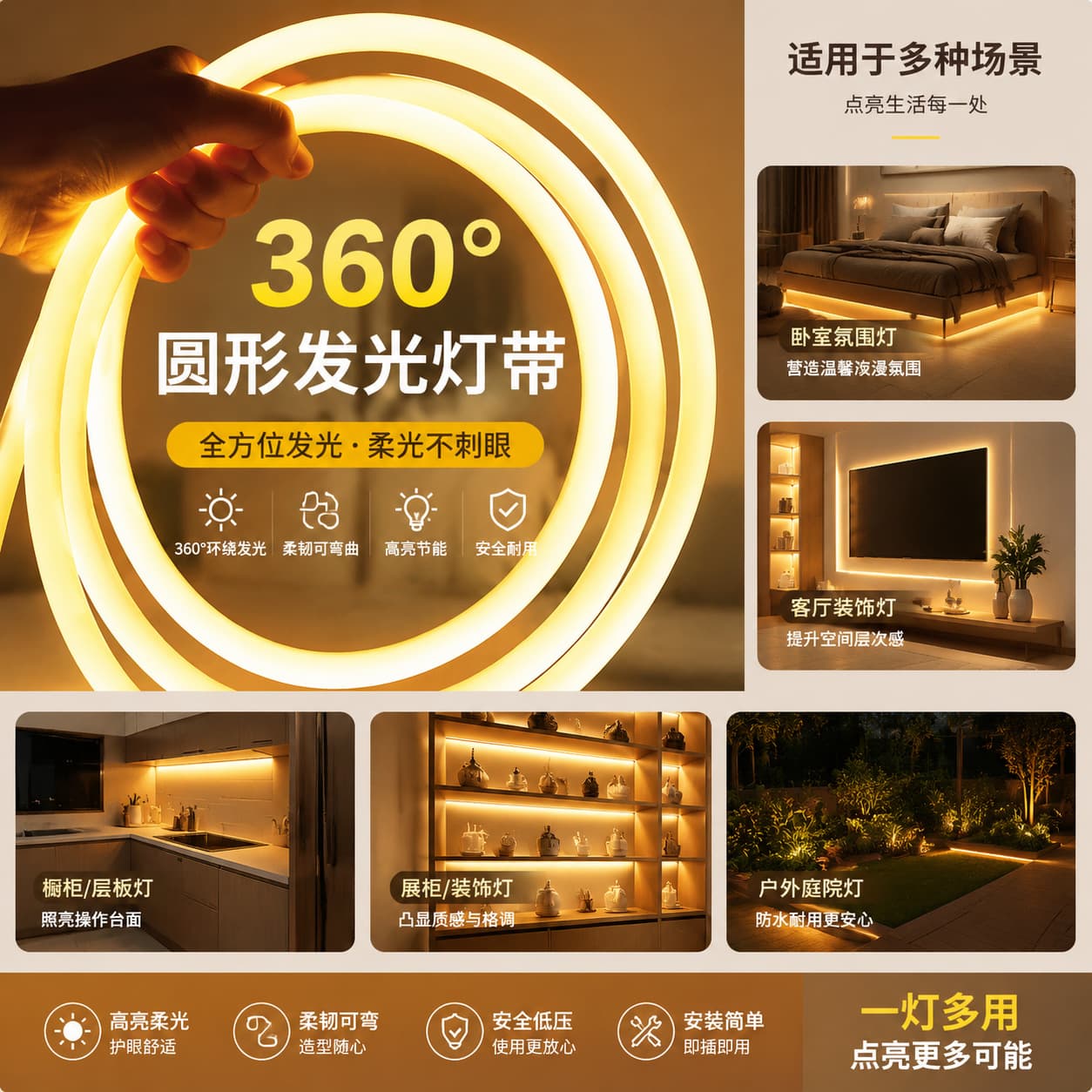 Cross-border 360-degree Circular Light Strip Linear Light Outdoor Waterproof Stall Engineering Lighting Ultra-Bright LED Light Strip