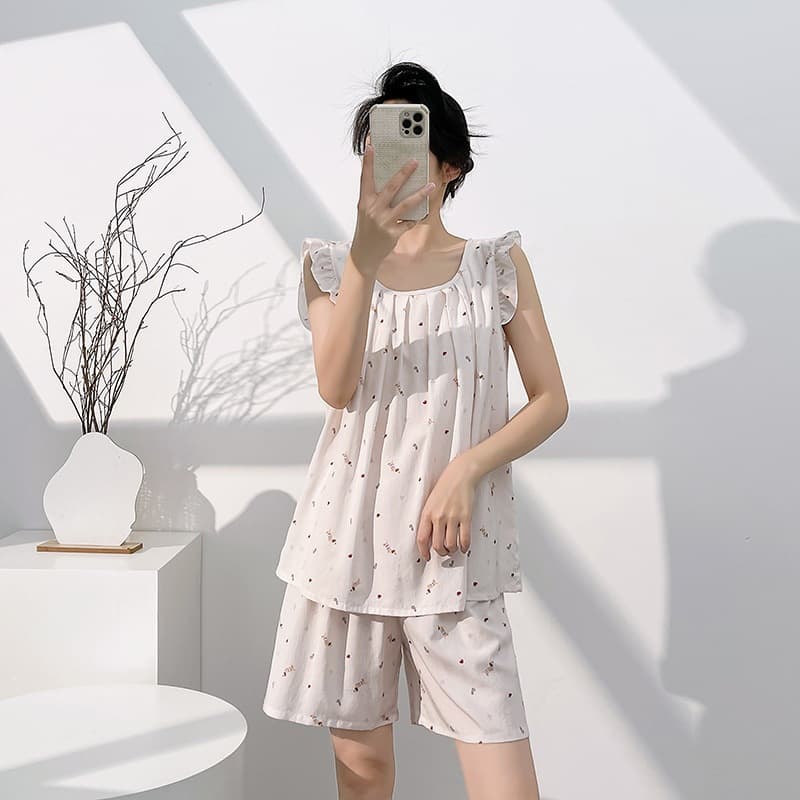 Lyocell Cotton Pajamas with Built-in Bra for Women, Spring Summer Loose Thin Sleeveless Tank Top Shorts Set, Simple Homewear