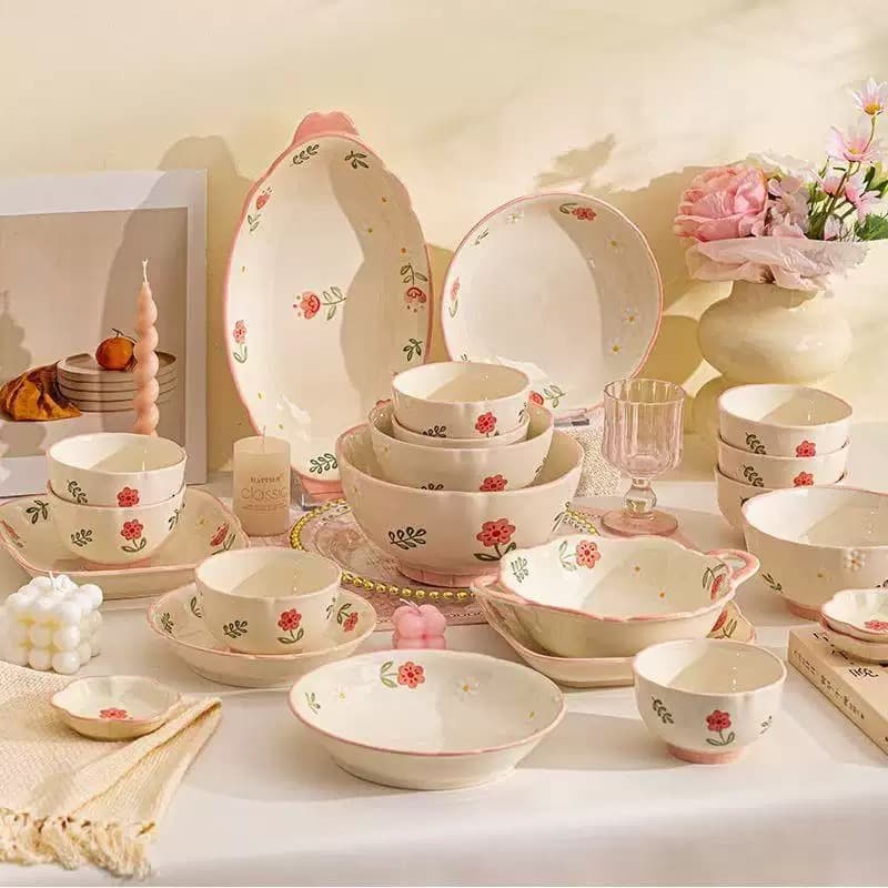 Sunny Day Four Seasons Flower Ins Style Ceramic Bowl Plate Set Underglaze Color Tableware Household Rice Bowl Dish Fish Plate Square Plate