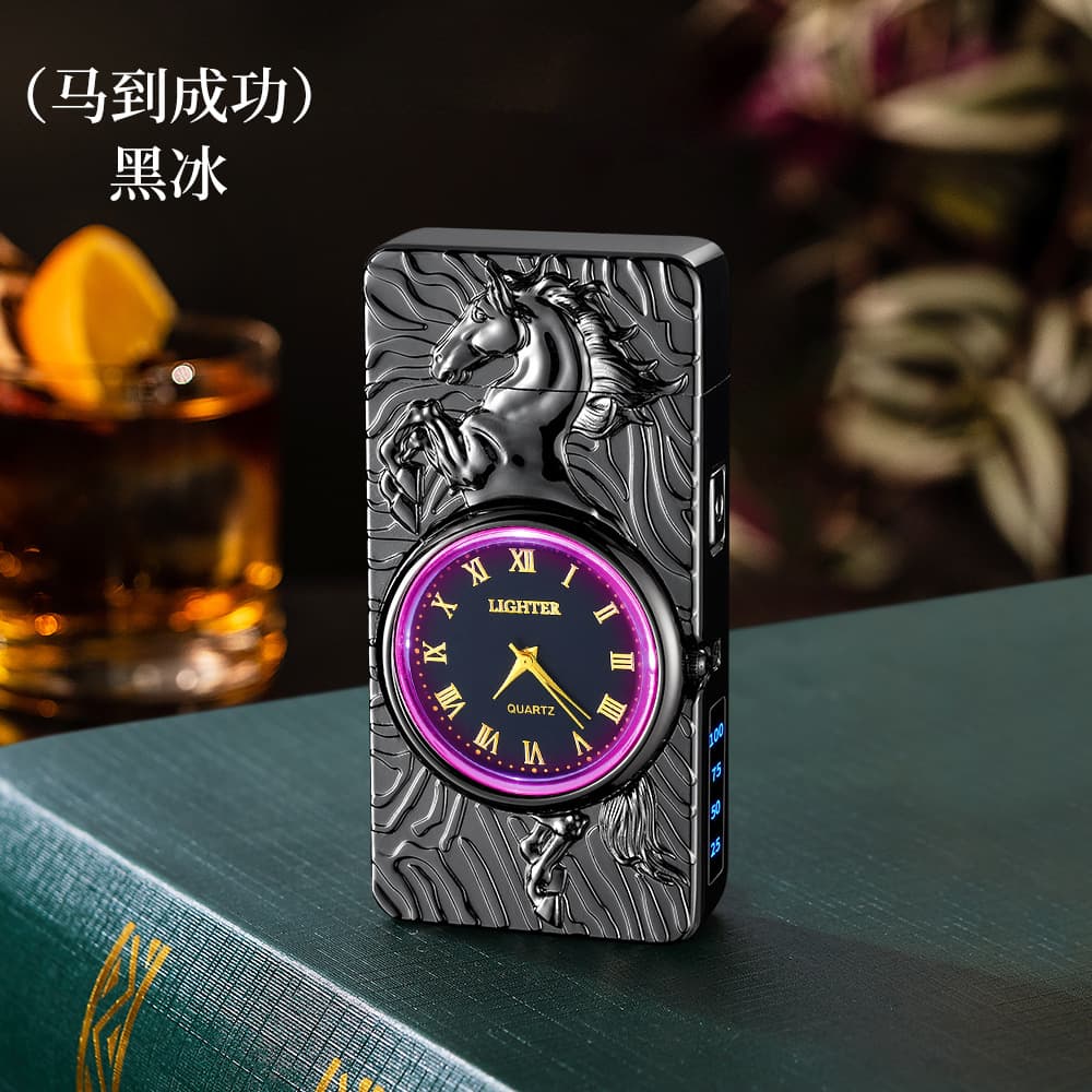 Creative Colorful Light Dial Metal Arc Blue Flame Windproof 3D Embossed Lighter with Dual Arc and Battery Display