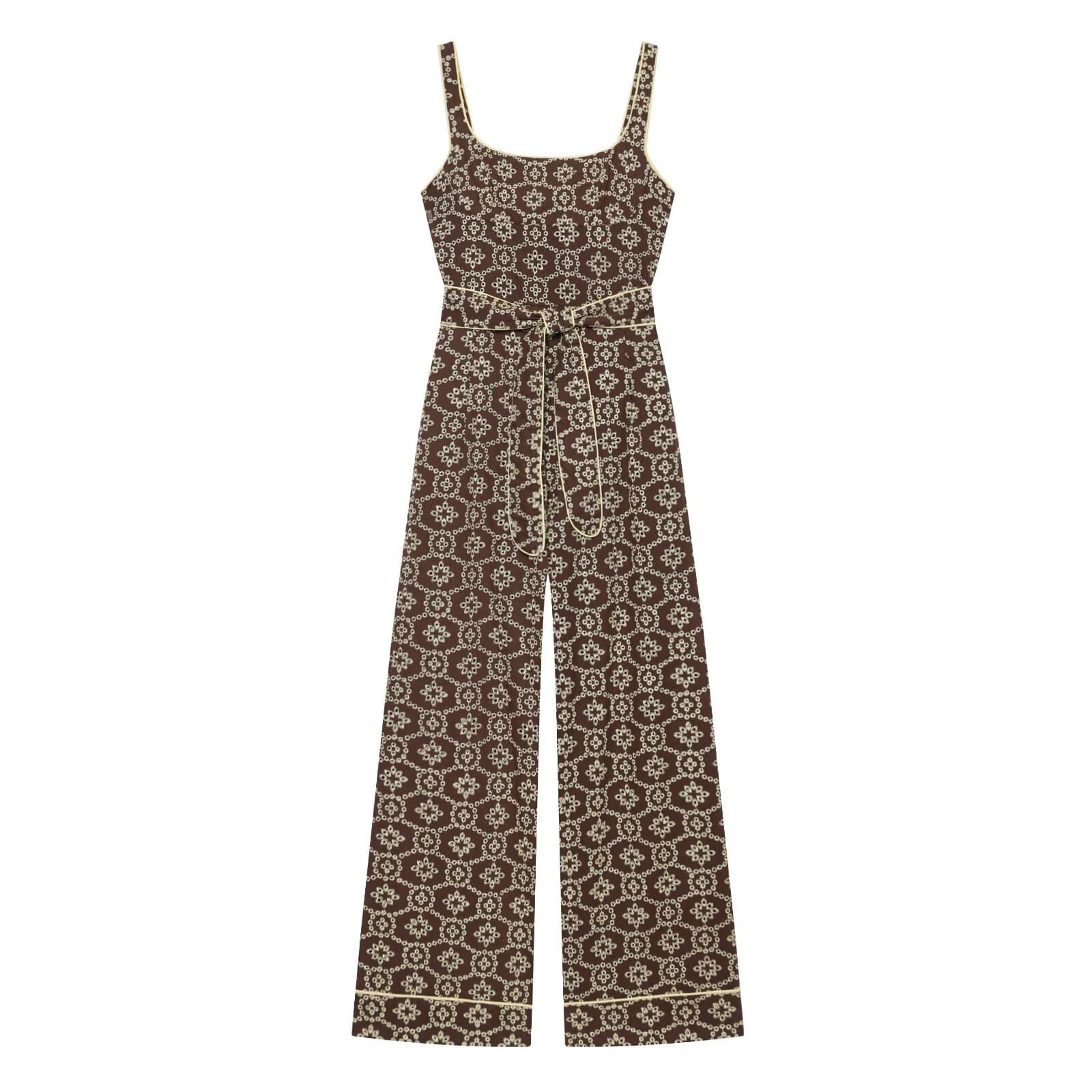 2026 Summer Cross-Border European and American Women's Embroidered Cutout Belted Jumpsuit 2987964