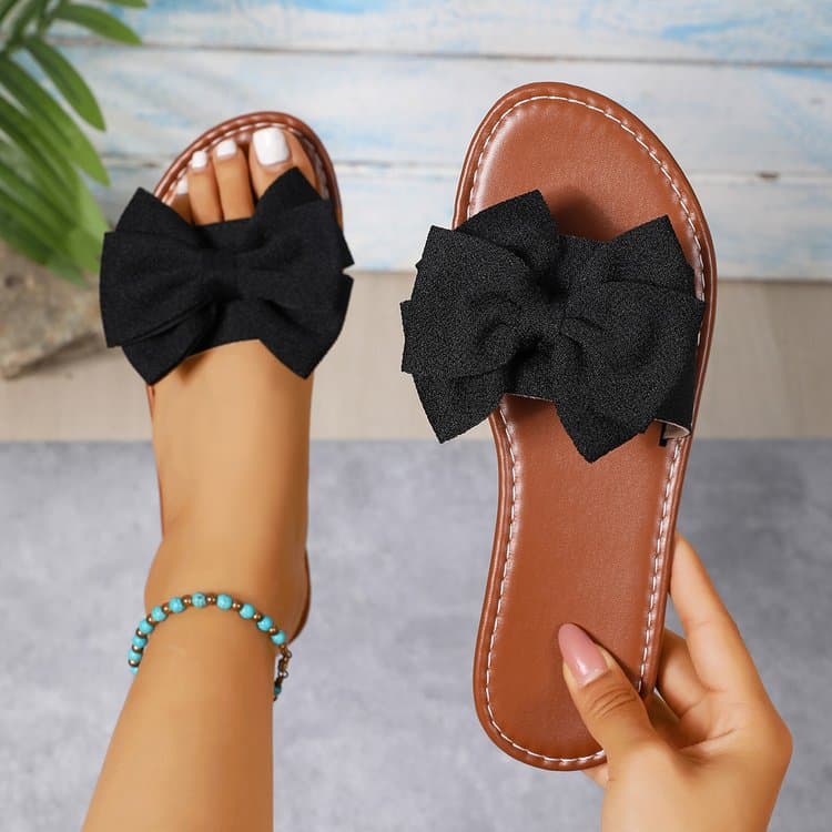 Summer new women's sandals, large bow decoration, flat non-slip casual outer wear brown fashionable slippers
