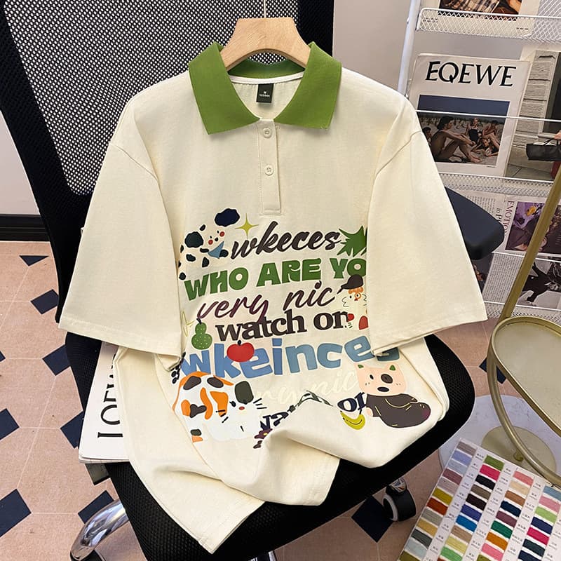 Korean version of fun cartoon printed cotton short-sleeved T-shirt for women summer 2025 new loose college style versatile top