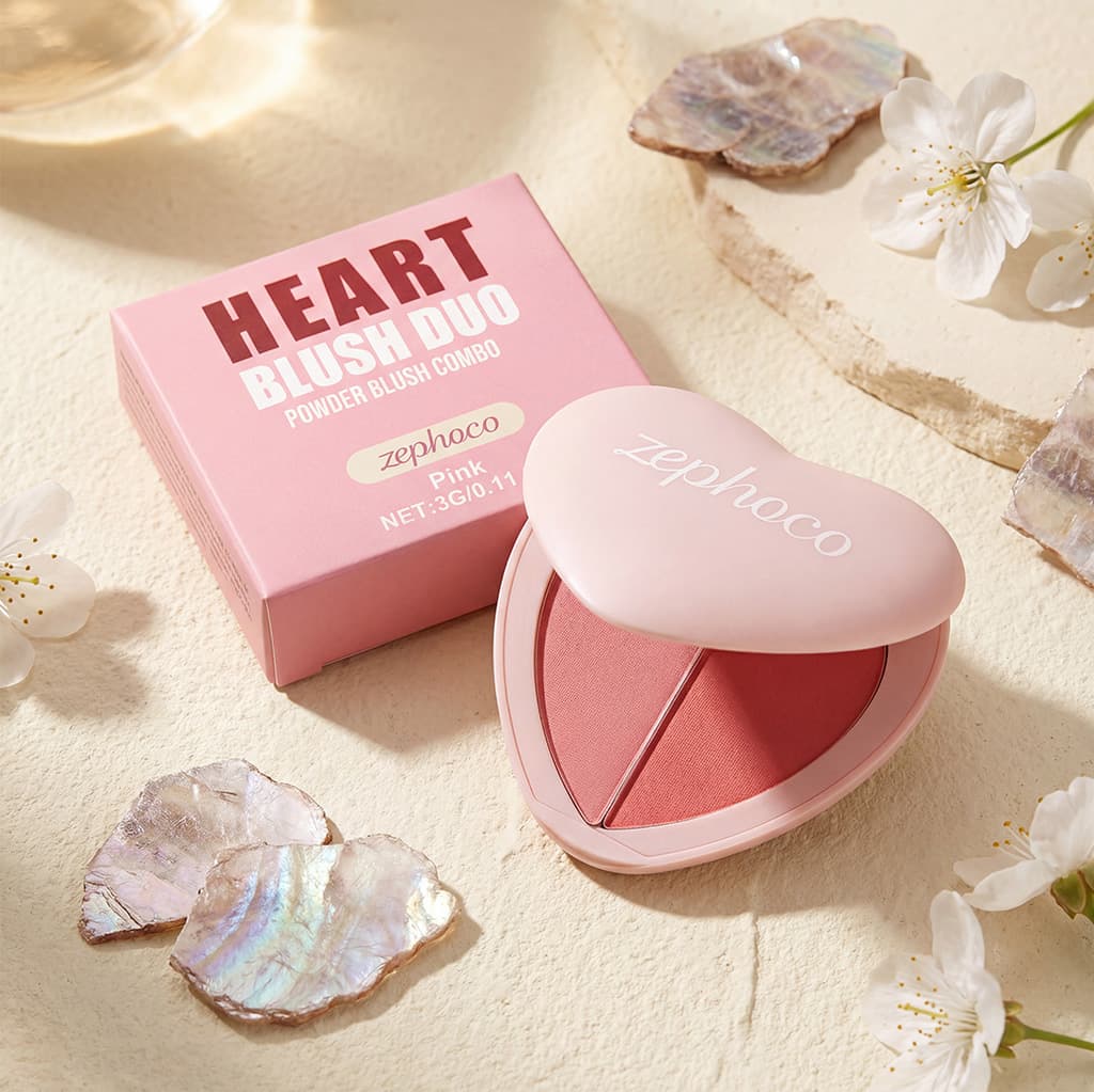 Zephoco Heart-Shaped Two-Tone Pink Blush, Powder Texture, Easy to Blend, Natural Nude Makeup Look, Daily Makeup Modification