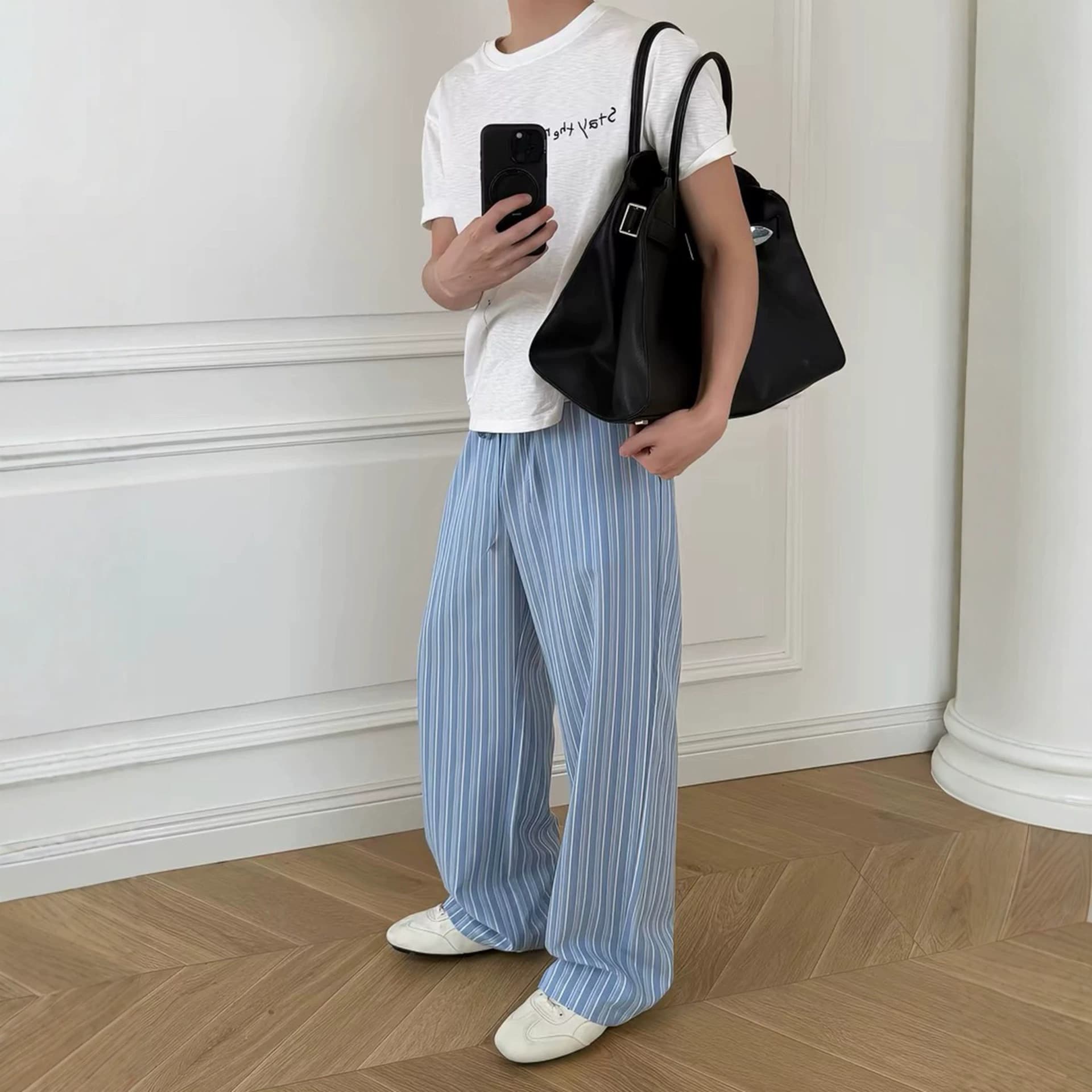 Blue Casual Straight-Leg Trousers with Elastic Waistband and A-Line Striped Design for Men