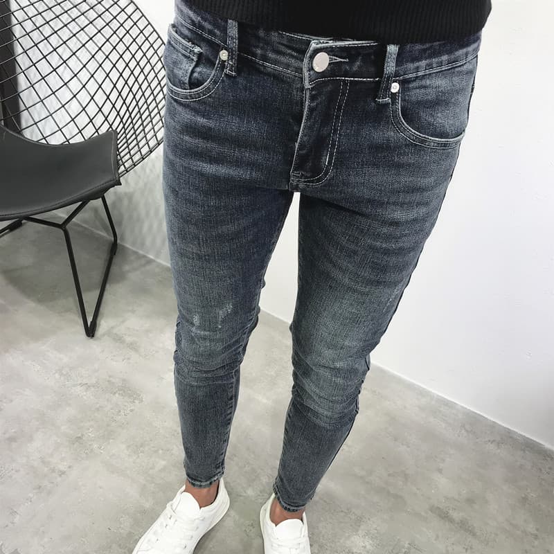 Slim Fit Men's Jeans Korean Style Fashionable Elastic Spirit Boy Cropped Pants Casual Cotton Denim Mid Waist Zipper