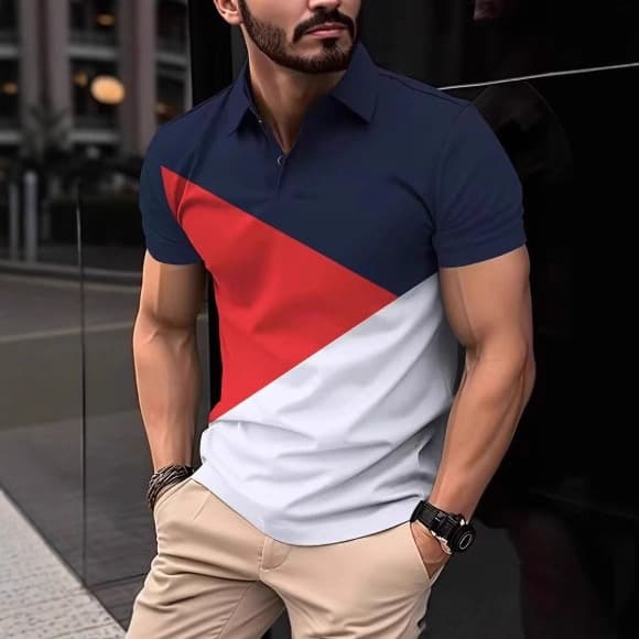 Men's Fashion Color Block Polo Shirt Short Sleeve Turn-down Collar New Style Comfortable Polo Shirt