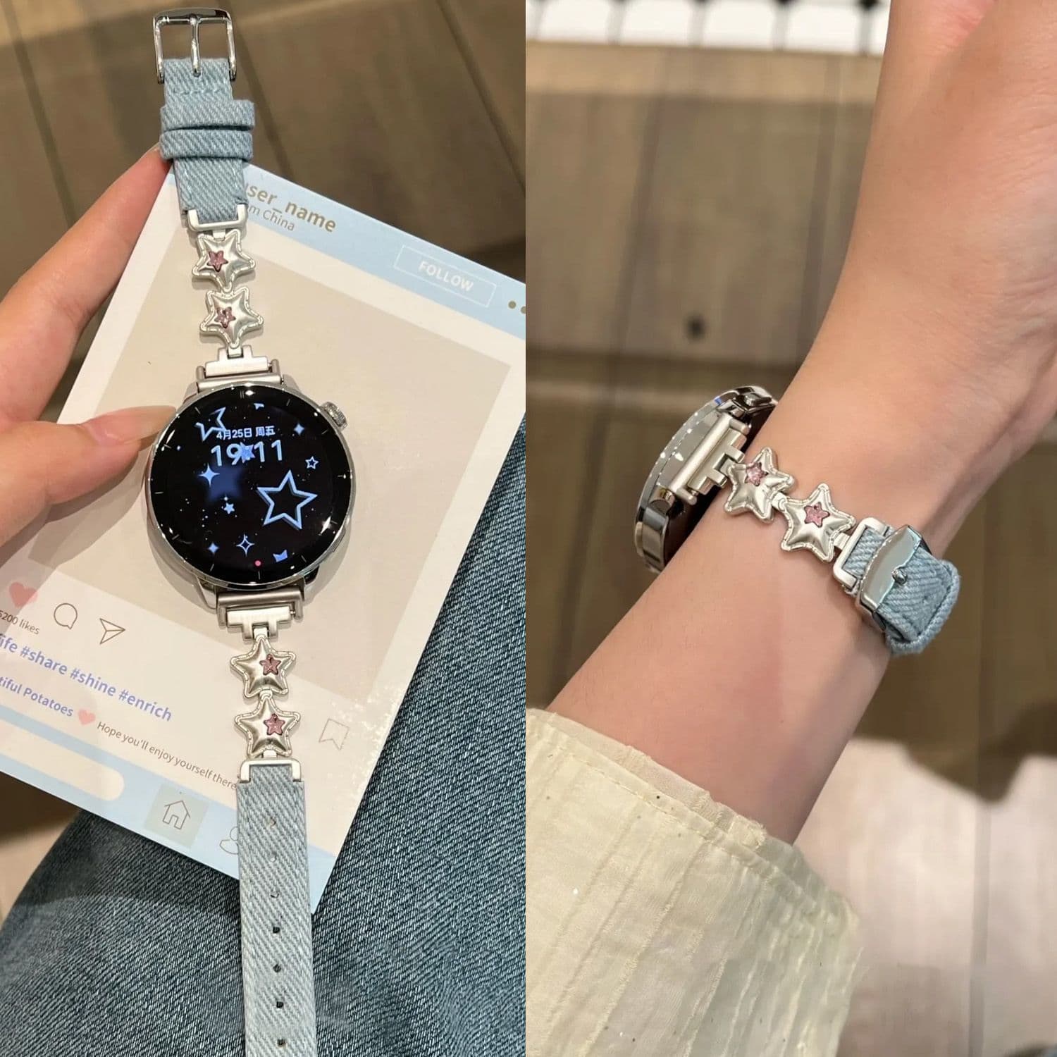 Diamond star denim suitable for Huawei gt6/gt4 watch strap gt5pro wristband watch3 girls fashion wristband