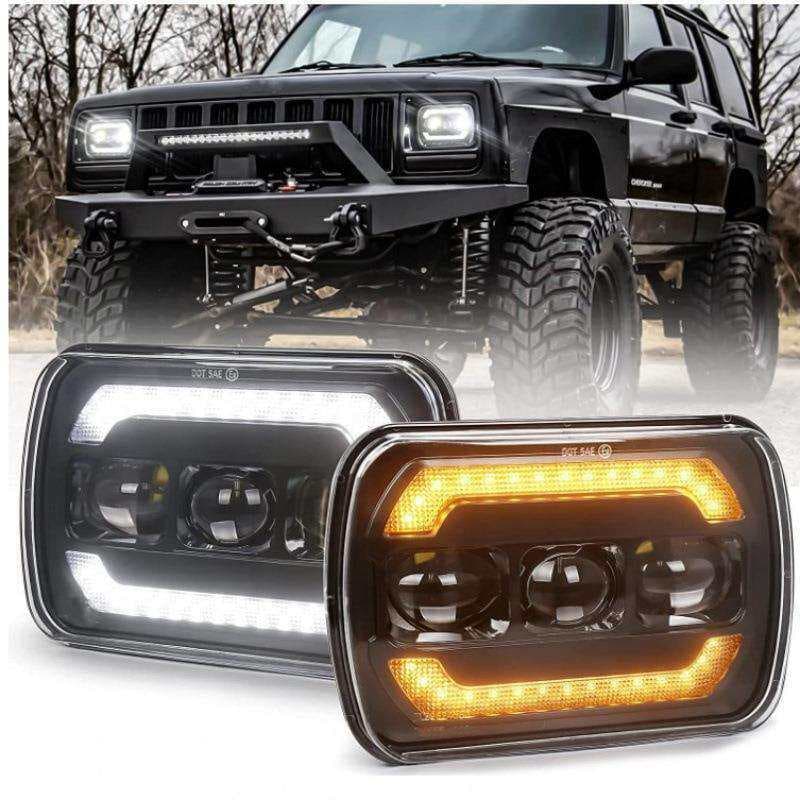 LED Headlight 7 Inch 3-LED Square High/Low Beam Jeep Wrangler Off-Road DRL Turn Signal Integrated Light