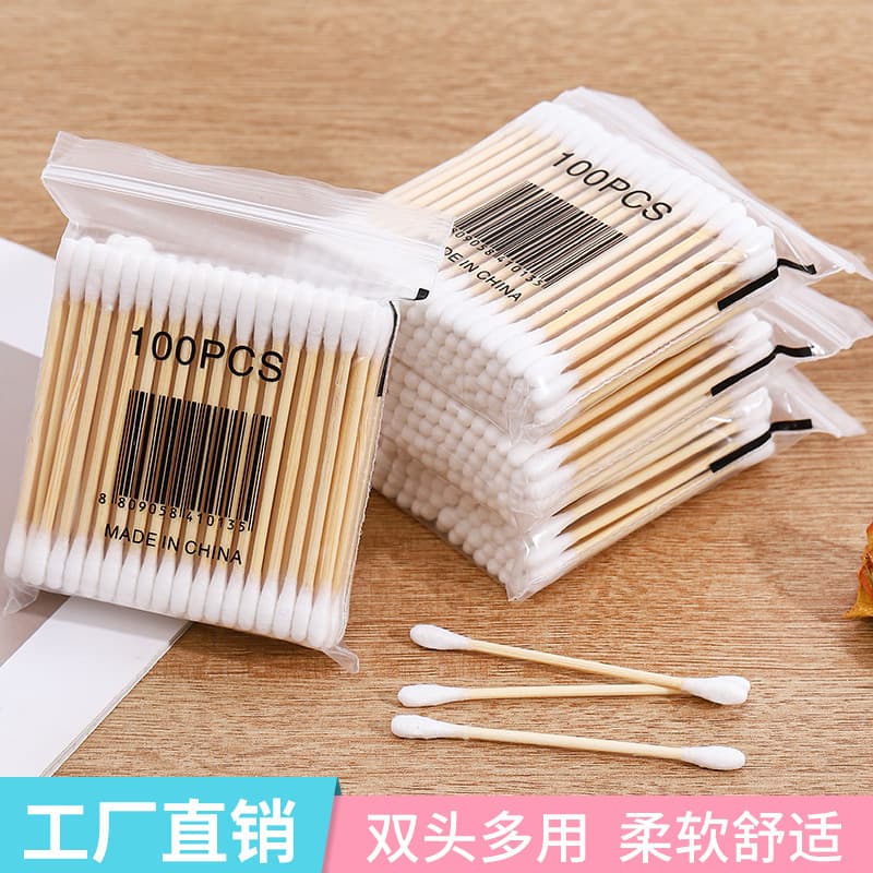Double-Ended 100-Piece Cotton Swabs with Wooden Sticks, Makeup Cotton Pads, Ear Cleaning Cotton Balls Remover, Pointed and Round Head Cotton Swabs