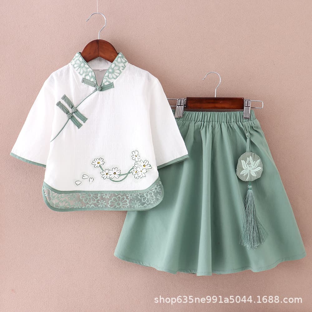 2025 Children's Clothing Spring and Summer New Children's Han Dynasty Suit Small and Medium-Sized Girls Chinese Style Girl Skirt Two-Piece Set Dropshipping