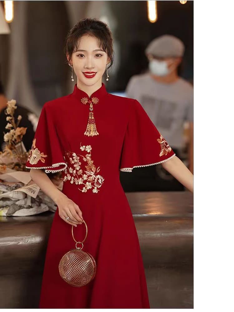 Plus-size Maternity Burgundy Chinese-style Modified Cheongsam Wedding Toast Dress High-waist Belly-covering Bride Gown Xiuhe Suit