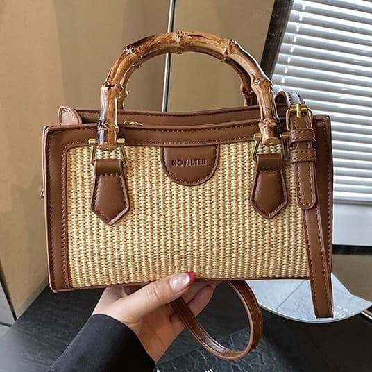 Contrast Color Spring New Style Simple Bamboo-Pattern Women's Handbag Small Square Bag Retro Versatile Shoulder Crossbody Bag Cross-Border High-End