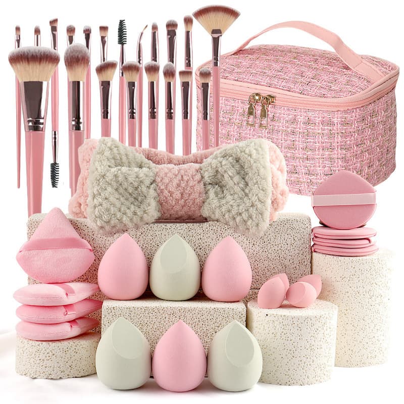 Cross-border 40-piece Beauty Tool Set with Travel Cosmetic Bag, Full Makeup Brush and Powder Puff Combination for Before and After Makeup