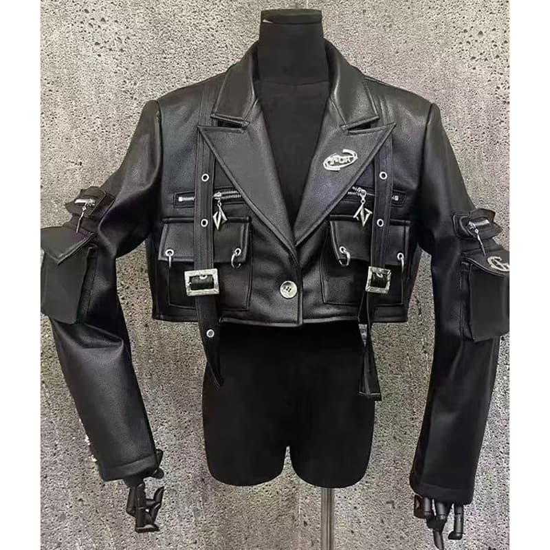 Cool and Edgy Metal-Trimmed Black Motorcycle PU Leather Jacket for Women, Fall Streetwear Multi-Pocket Biker Coat
