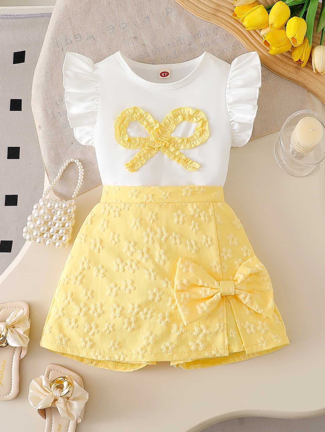 2026 Spring/Summer New Cross-Border Girls' Cap Sleeve Knit Top + Irregular Jacquard Skirt Pants Two-Piece Set