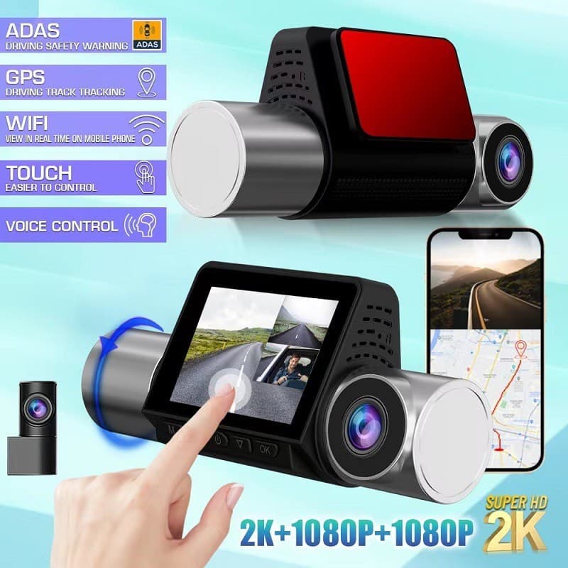 HD 3-Lens Touchscreen Front 2K+1080+1080 Phone Connectivity with WiFi GPS ADAS Dash Cam