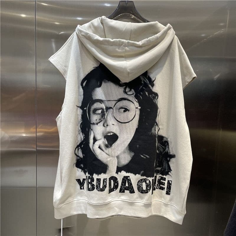 Plus-Size 300-Pound Women's 2024 Spring/Summer Letter Cartoon Print Hooded Zip-Up Sweatshirt Vest Short Sleeve