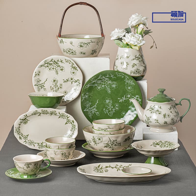 Shunxiang Green Time Bowl Plate Set Home Fresh Ins Ceramic Easy-Clean Under-Glaze Rice Bowl