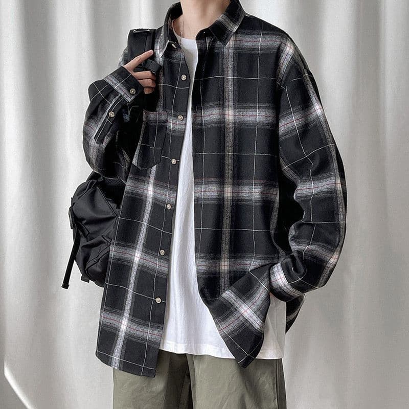 Black and White Plaid Long Sleeve Shirt for Men Spring Autumn American Retro Simple Casual Loose Grid Shirt Jacket