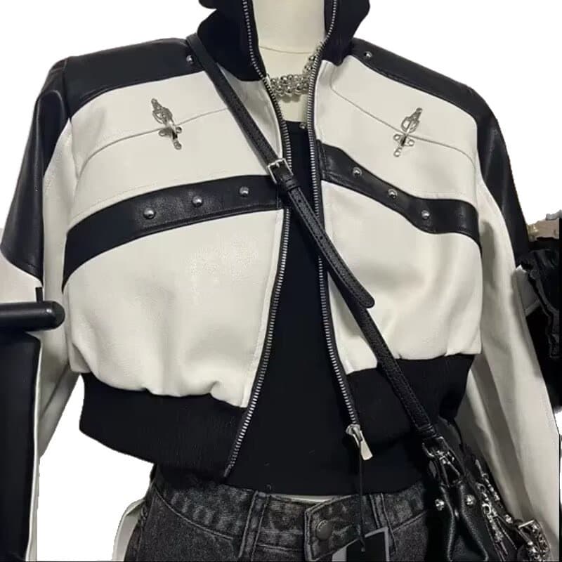 Color-Block Black and White PU Leather Motorcycle Jacket for Women, Spring/Fall, Trendy Stand Collar Casual Coat, Korean Style