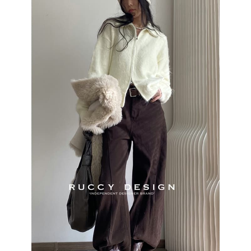 【RUCCY】2025 Winter New Soft Warm 8% Wool Brushed Two-Way Zipper Notch Collar Cardigan Sweater for Women