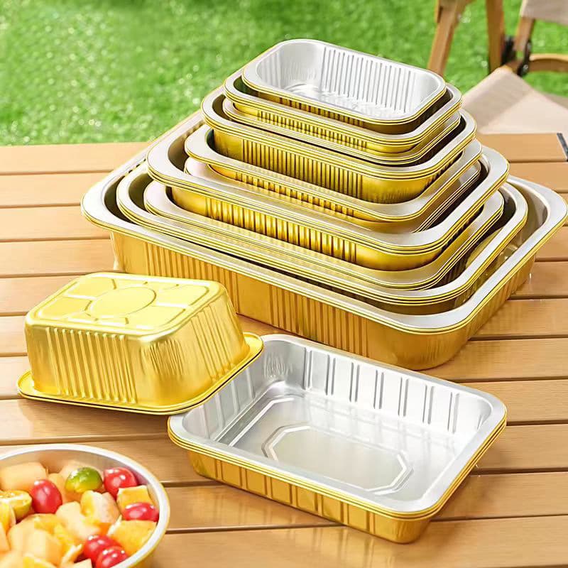 Aluminum foil rectangular boxes for barbecue, foil-baked rice takeout containers, disposable meal boxes.