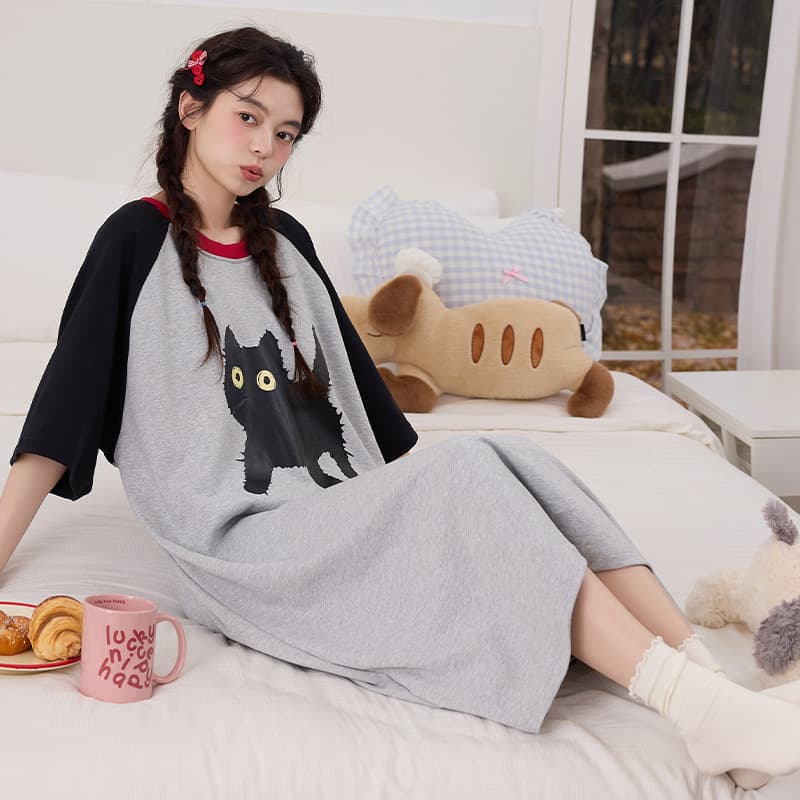 Cotton Summer Sleep Dress Women's Cute Short Sleeve Midi Dress Home Clothes Comfortable Breathable Cool Casual Cartoon Style