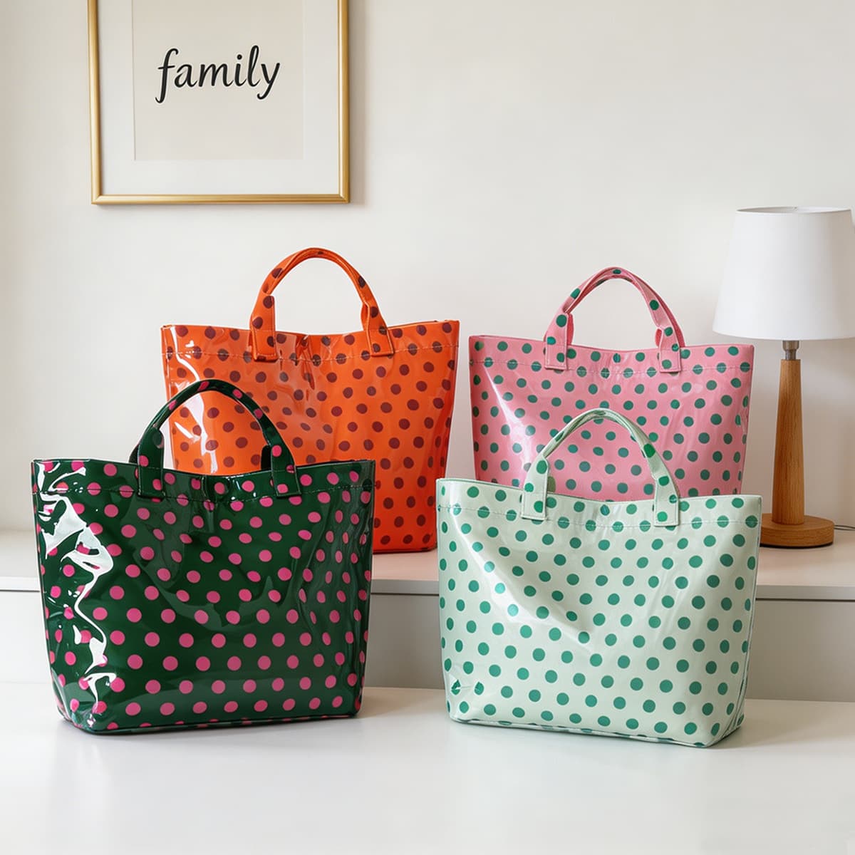 Polka Dot Contrast Tote Bag Waterproof PVC Large Capacity Handbag Women's Travel Storage Tote