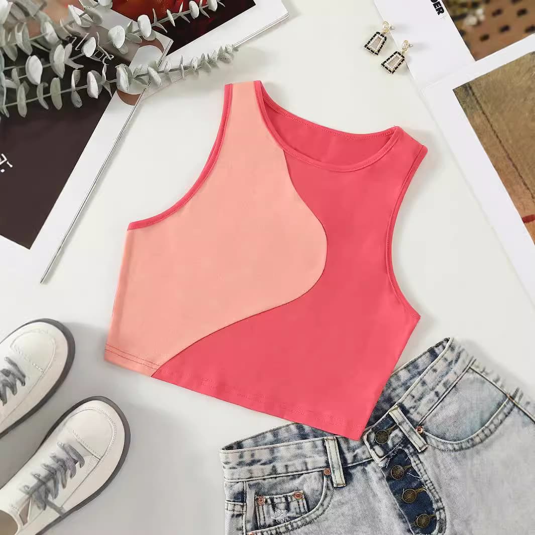 191580# Amazon Cross-Border Women's Fashion Ins Style Versatile Color-Block Slim Fit Sleeveless Vest Top Spring/Summer
