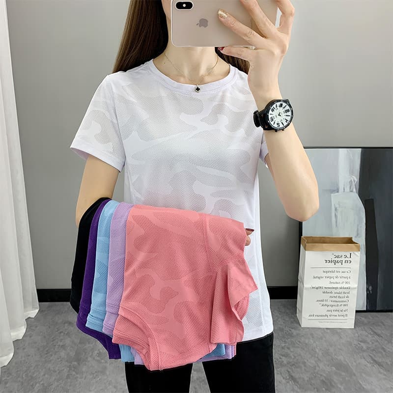Women's Camouflage Round Neck T-Shirt Yoga Slim Solid Color Group Purchase Travel Outdoor Sports Summer Jacquard Quick-Drying Short Sleeve