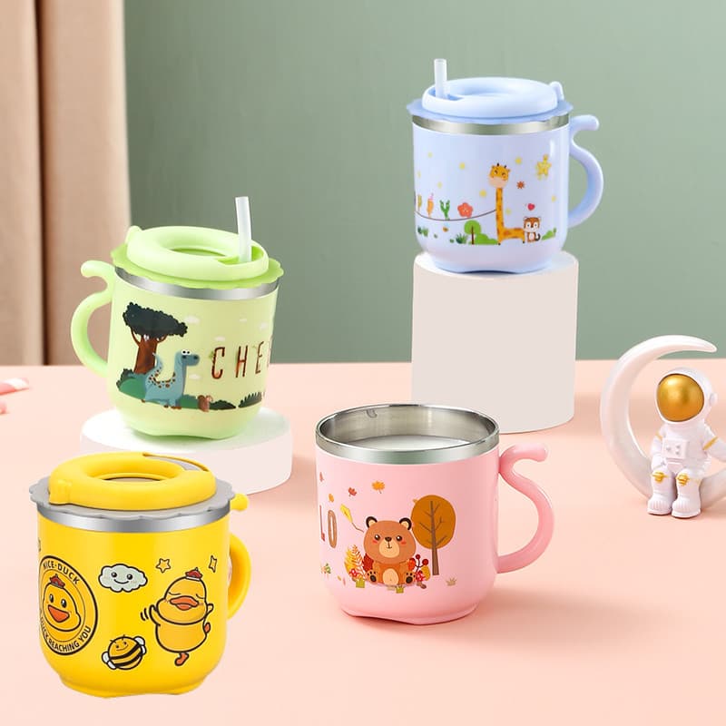304 Stainless Steel Water Cup with Straw, Kindergarten Cup, Double-Layer Cute Children's Milk Cup, Little Yellow Duck Gift