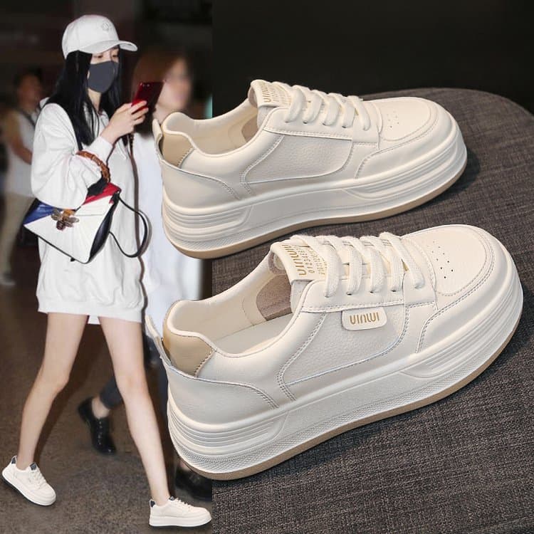 Thick Sole Casual Shoes for Women 2026 Spring/Autumn New Style Leather Anti-Slip Heightening White Lace-Up Sneakers F01